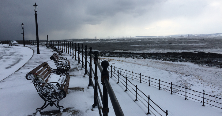 snow covered sea front at Hartlepool Headland with wild North Sea.